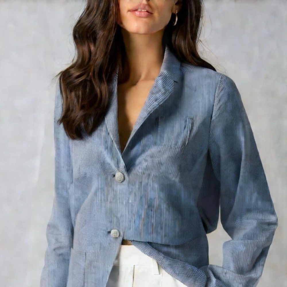The Academy Blazer Womans Jacket Blue Striped Sz 8 Linen Blend Nautical Preppy